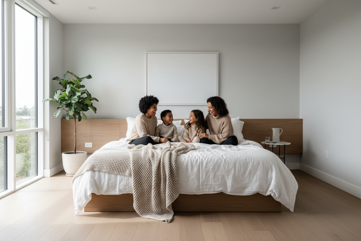 Modern Mixed Race Family on Mattress